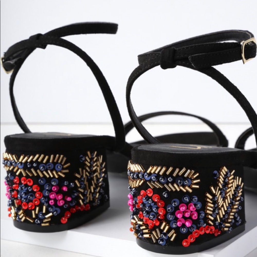 Lulus (7.5) BLACK SUEDE BEADED ANKLE STRAP HEELS